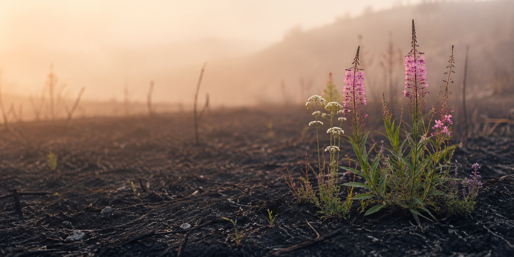 Delicate fireweed and wildflowers emerging from dark earth in warm morning light